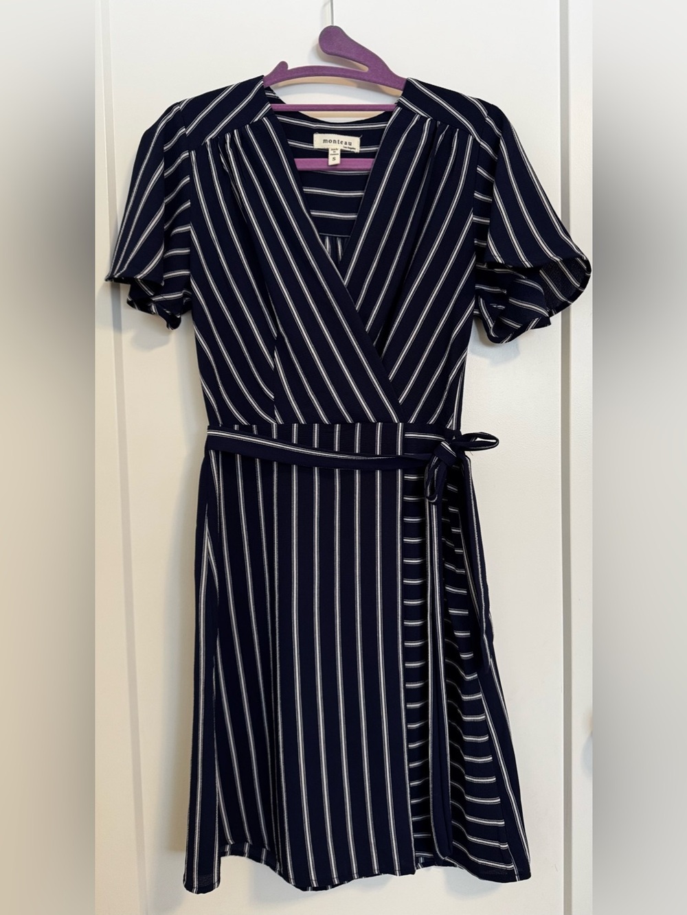 Monteau Navy Striped Wrap Dress